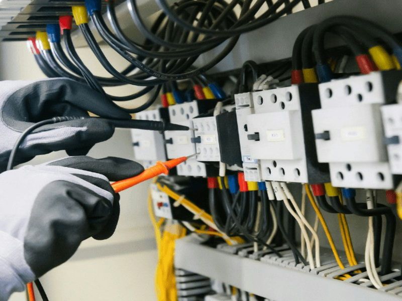 Técnico con guantes probando un tablero eléctrico con un multímetro