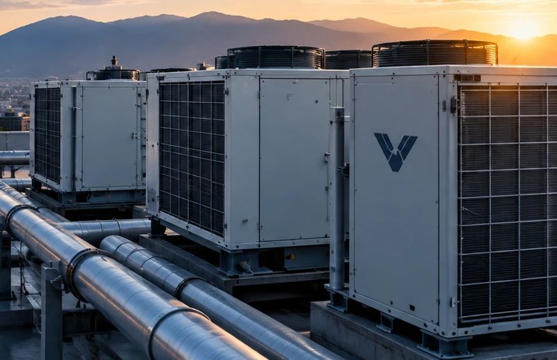 Unidades de climatización y tuberías sobre la azotea de un edificio
